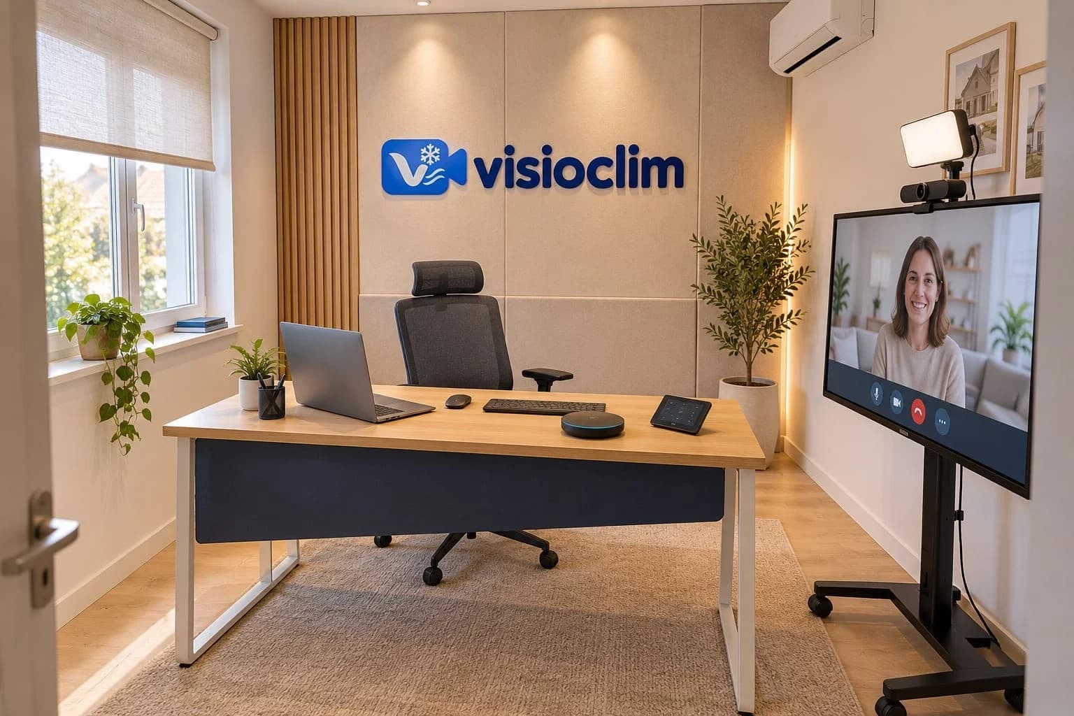 Projet d’aménagement du studio VisioClim : un bureau avec le logo VisioClim au mur et un grand écran sur pied où une cliente apparaît en visio